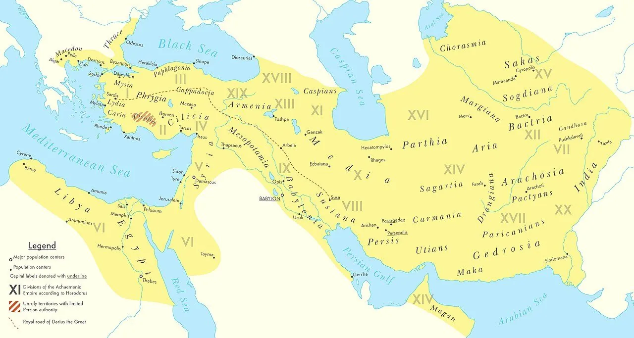 Map of the Achaemenid Empire at its greatest extent, c. 500 BCE