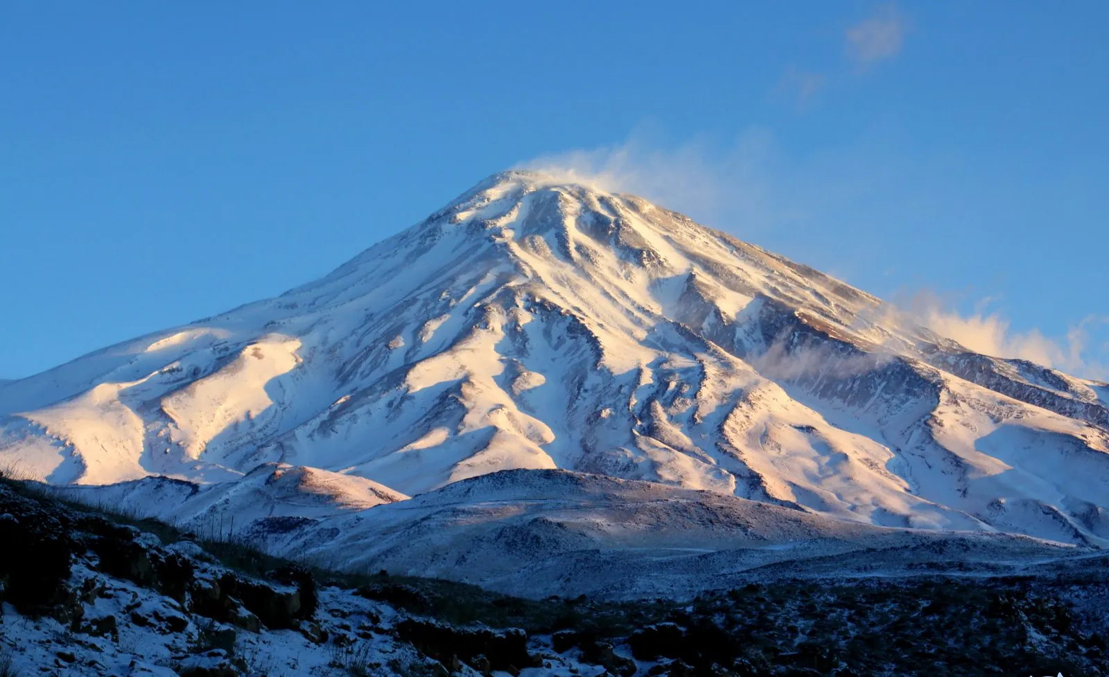 Mount Damavand from the south — Asia's highest volcano and the throne of the Persian hero Fereydun in the Shahnameh.