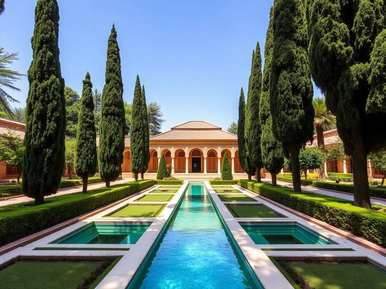 The cypress-lined water channels of Fin Garden, Kashan — the archetypal Persian chahar bagh.