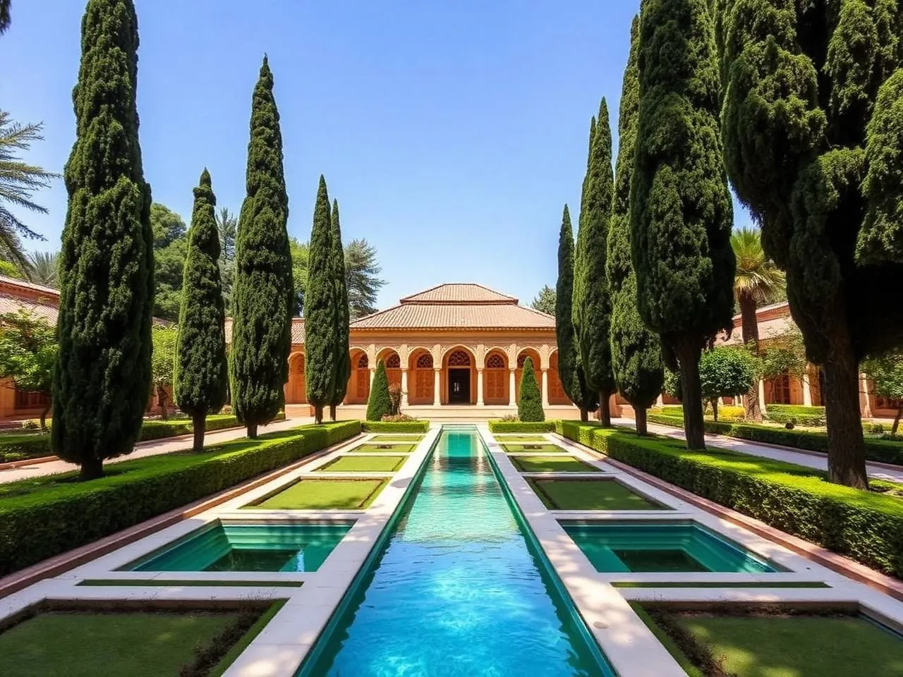 The cypress-lined water channels of Fin Garden, Kashan — the archetypal Persian chahar bagh.