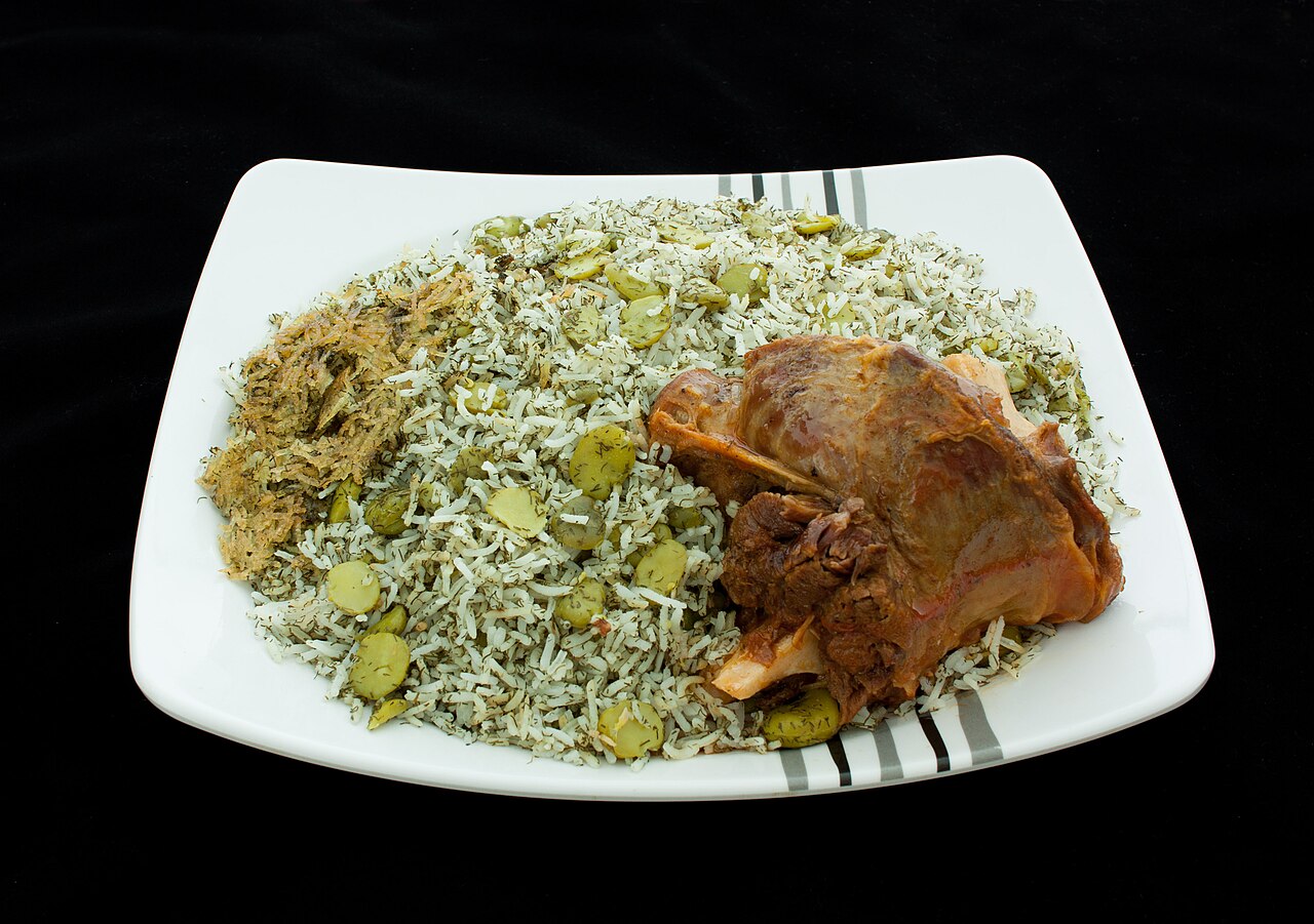 Baghali polo bā māhicheh — broad-bean and dill rice with slow-braised lamb shank.