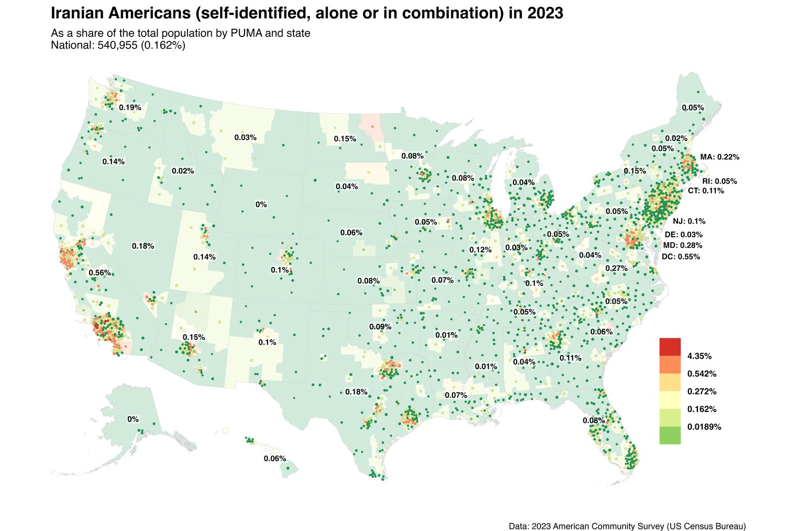 Iranian Americans by U.S. county (2023). The largest concentrations are in Los Angeles, Orange, and San Diego counties in California; Fairfax County, Virginia; and Cook County, Illinois.