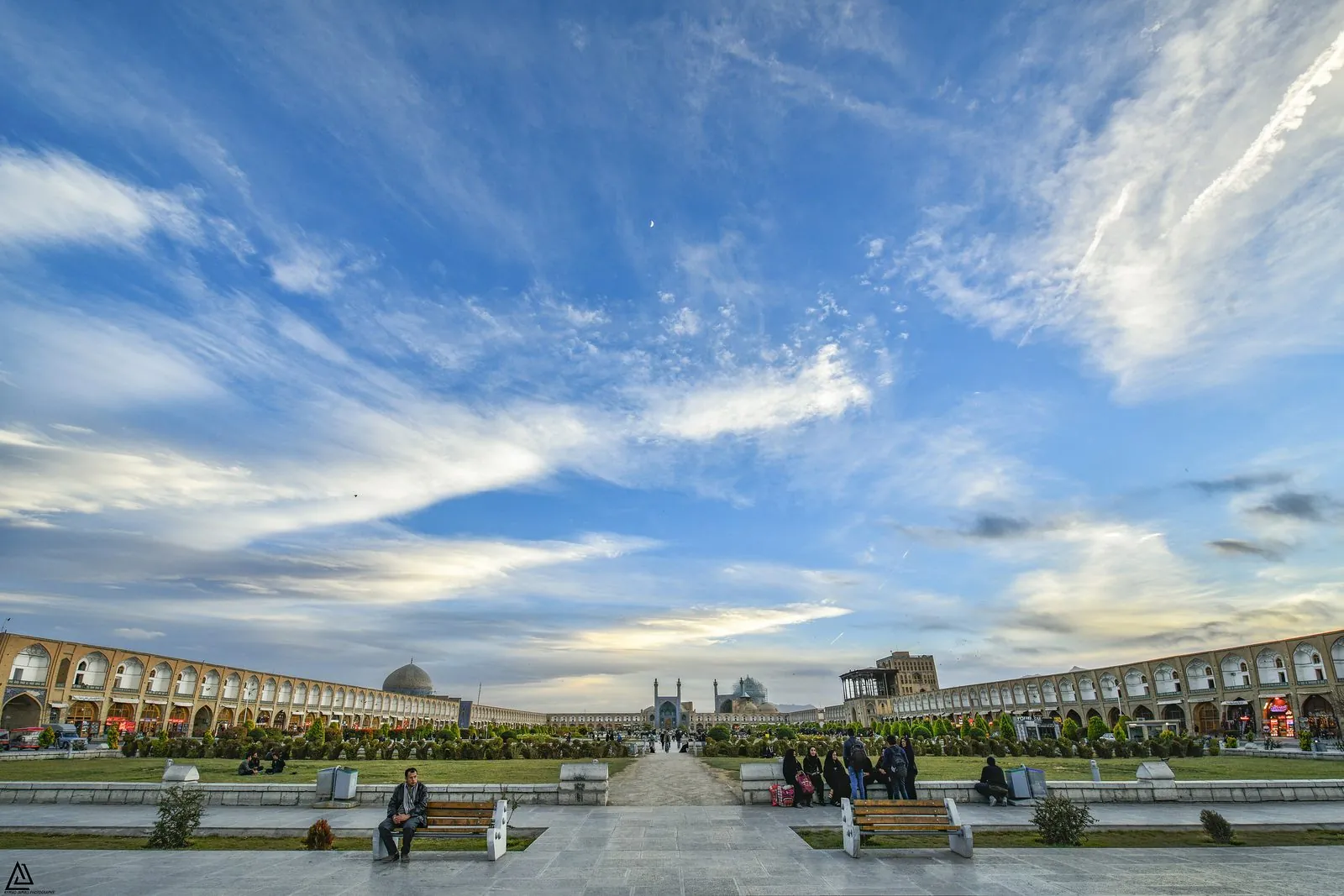 Naqsh-e Jahan Square at dusk — twenty acres of imperial Safavid planning.