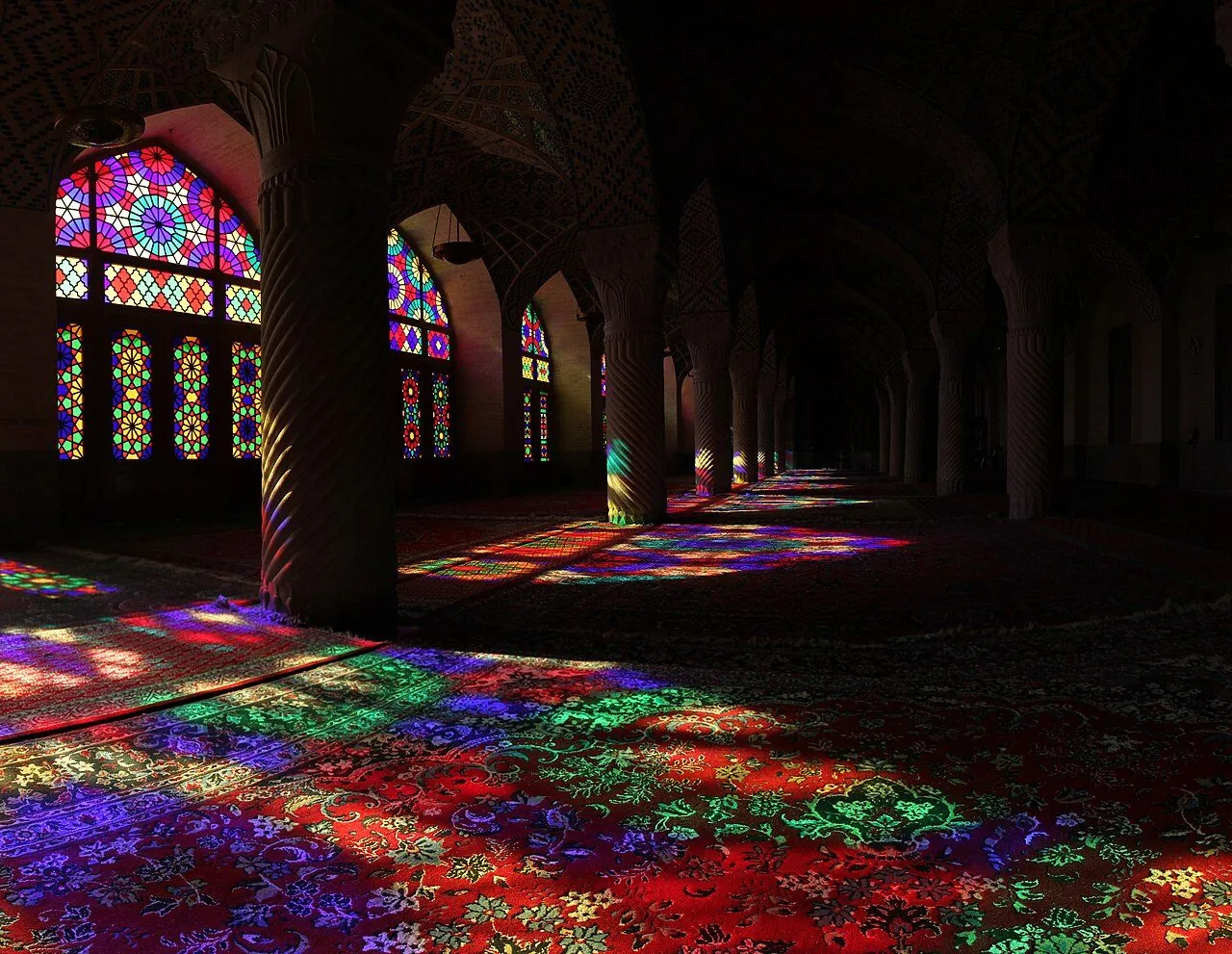 Morning light through the stained glass of Nasir al-Mulk Mosque, Shiraz.