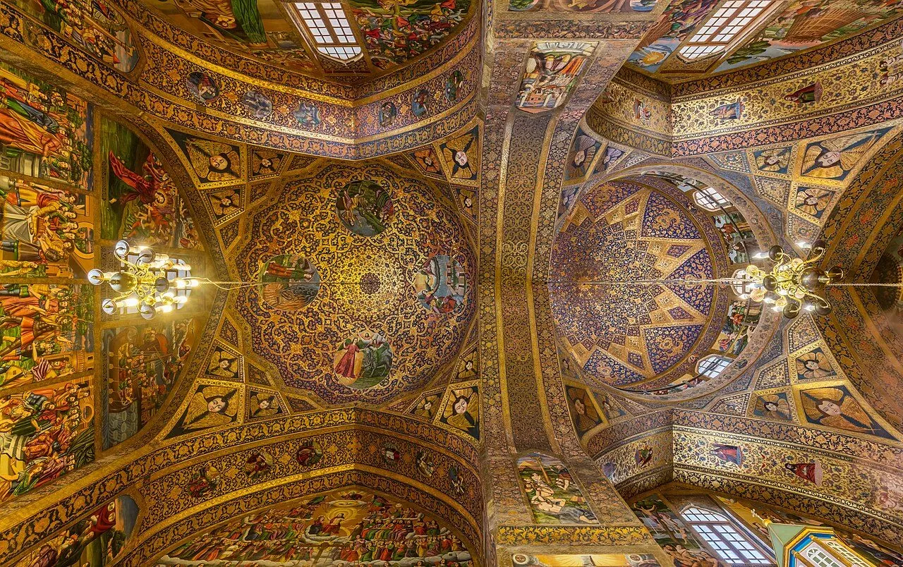 The frescoed interior of Vank Cathedral in the Armenian quarter of New Julfa, Isfahan.