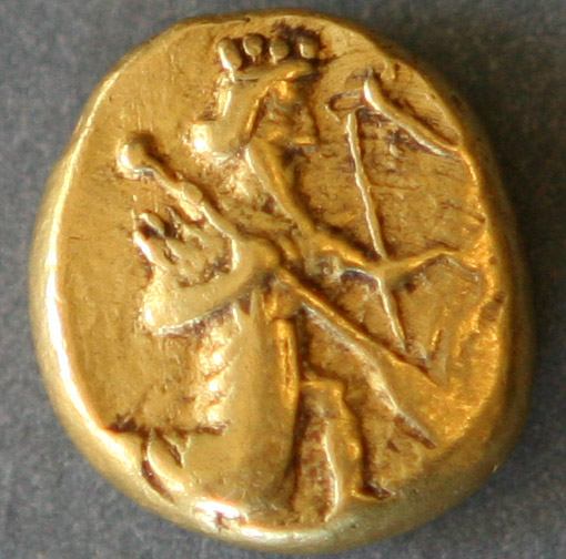 Achaemenid gold daric coin, circa 485-420 BCE, depicting the Great King as an archer with a bow and spear.