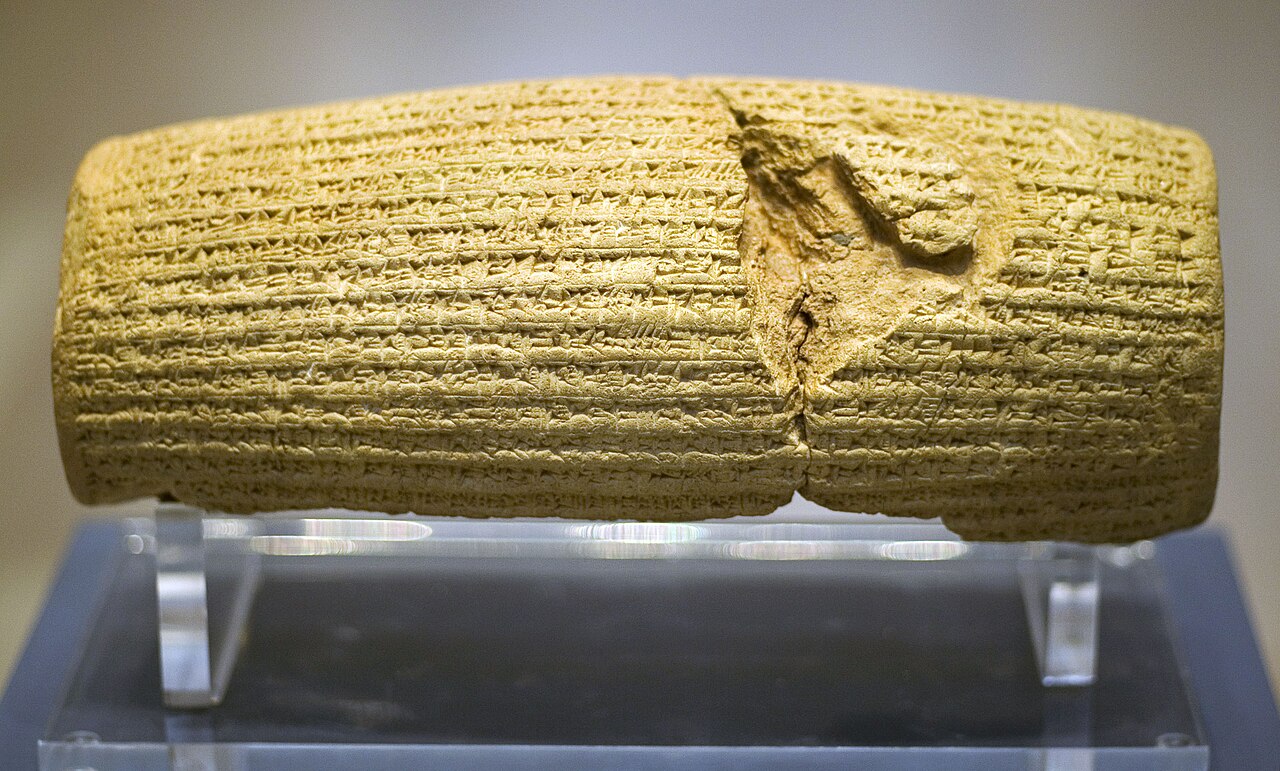 The Cyrus Cylinder (539 BCE) — Akkadian cuneiform, the foundational Achaemenid royal text.