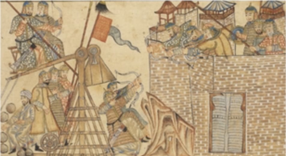 A detailed miniature painting from the Great Mongol Shahnama, depicting a battle scene with intricate armor, expressive faces, and dynamic figures, circa 1330s.