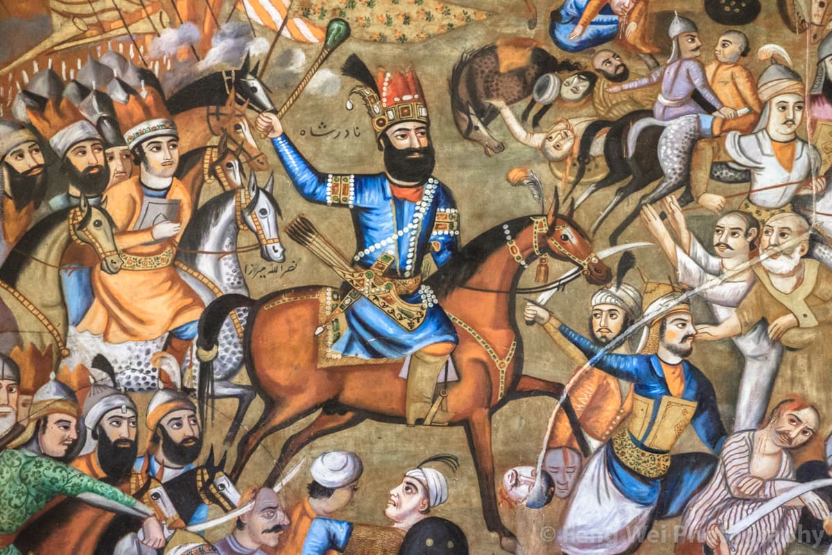 An 18th-century Persian miniature painting depicting the Battle of Karnal, showing Nader Shah on horseback directing his troops against the Mughal forces.