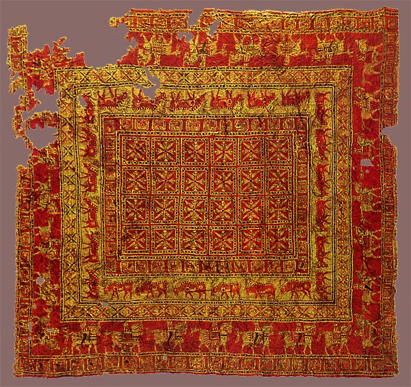 The Pazyryk Carpet (c. 5th c. BCE) — oldest surviving knotted-pile carpet in the world (Hermitage).